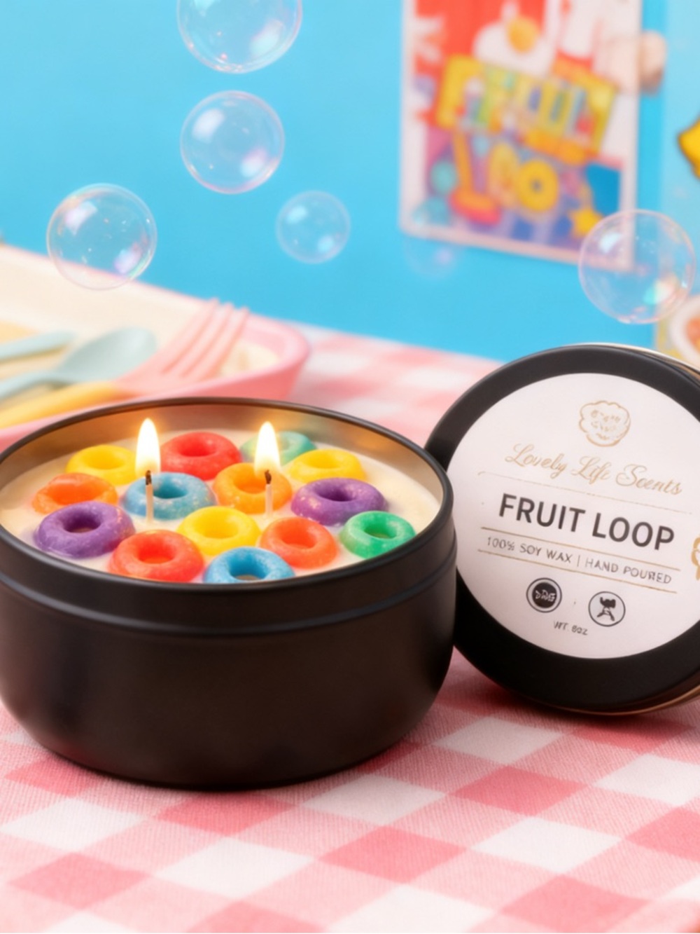 Fruit loop 6oz double wick Premium soy candle in black tin by Lovely Life Scent